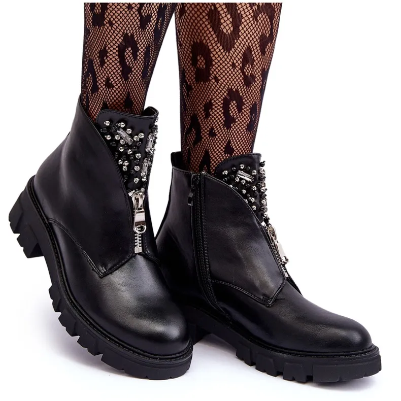 Bottines Basses En Cuir Décoré Avec Fermeture Éclair Noir Escika le noir